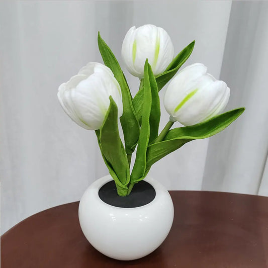 Lámpara de Mesa Decorativa Interior LED con Maceta de Tulipanes, Luz Ambiental Nocturna para Decoración del Hogar